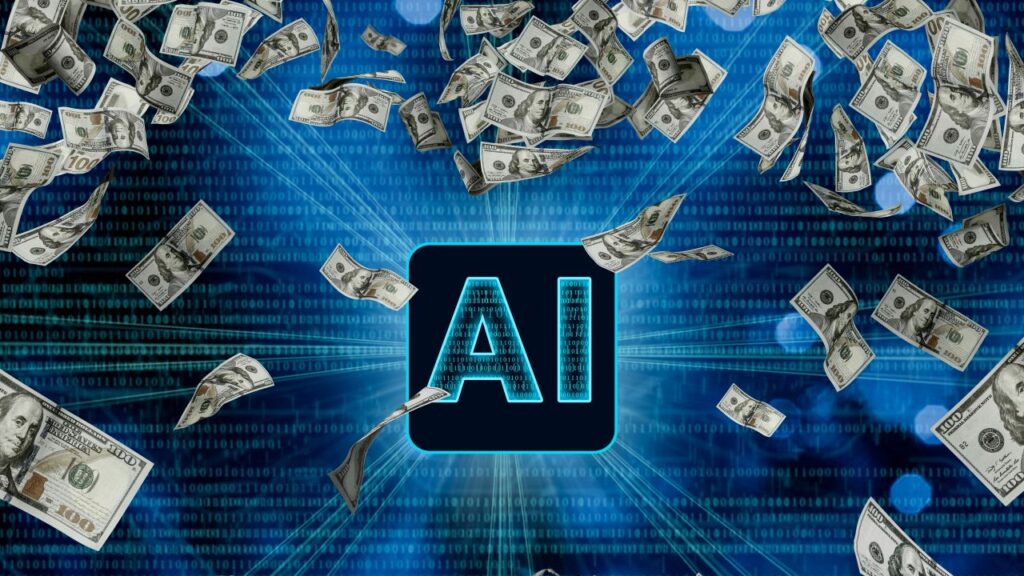 Composite image of the letters AI and $100 bills swirling against a blue backdrop, symbolic of investment in artificial intelligence