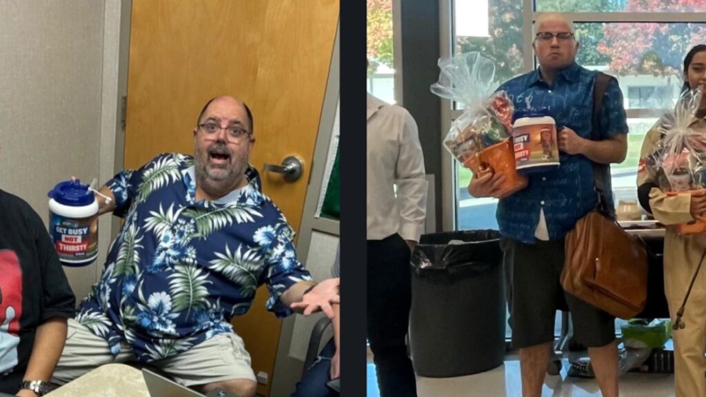 Side-by-side images of two men dressed in casual clothing and holding huge soft drink cups