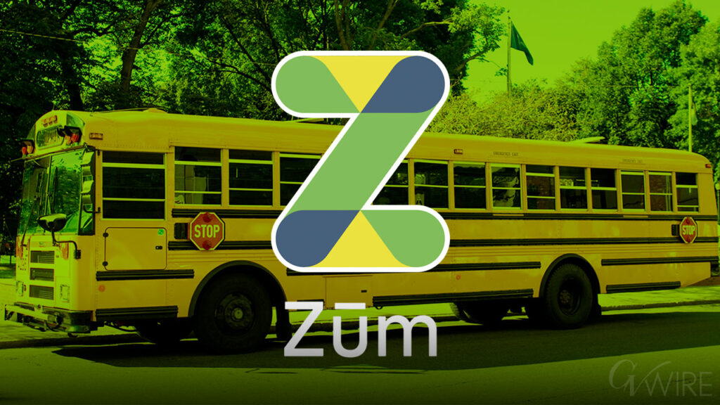 Composite image of a school bus and the Zum green, purple, and yellow logo