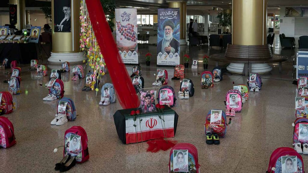 A display commemorating the deaths of children in an airstrike on an elementary school is seen on Wednesday, July 8, 2026, at the airport in Mashad, Iran. As President Donald Trump struggles to extricate the United States from the war in Iran, his promises to anti-government protesters in the country have fallen by the wayside. (Emile Ducke/The New York Times)