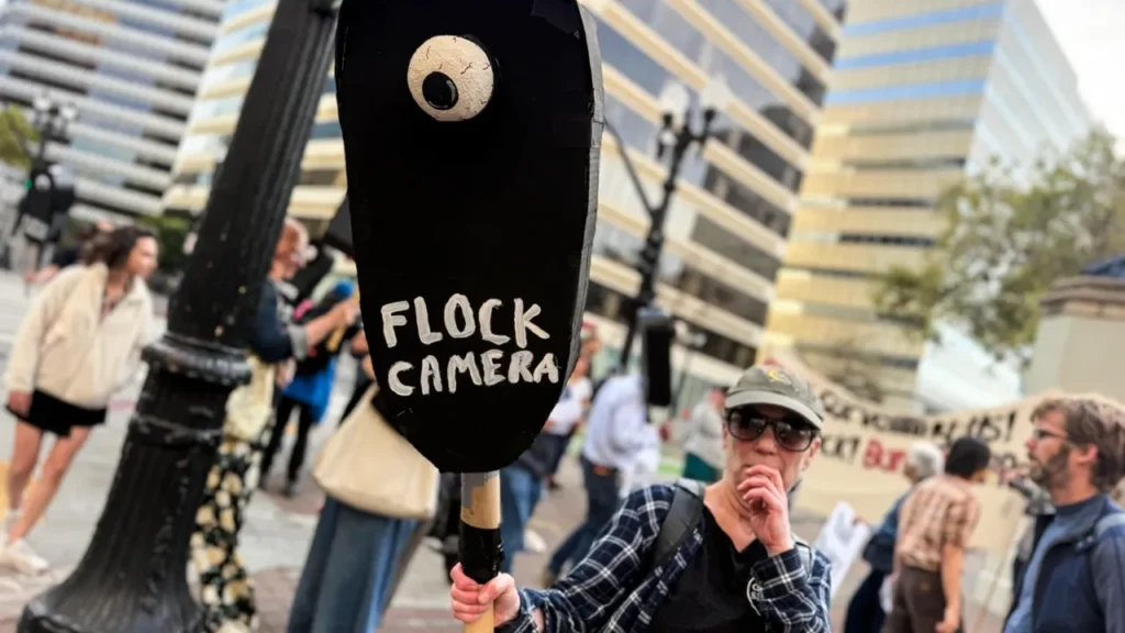 Image of a protester carrying a sign decrying Flock cameras