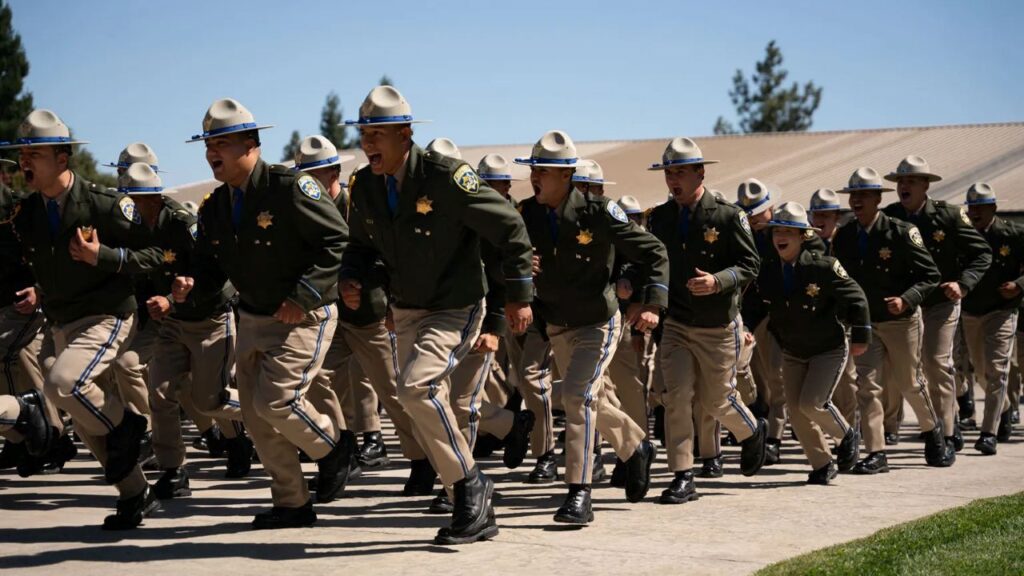 Image of new CHP officers marching left and breaking ranks