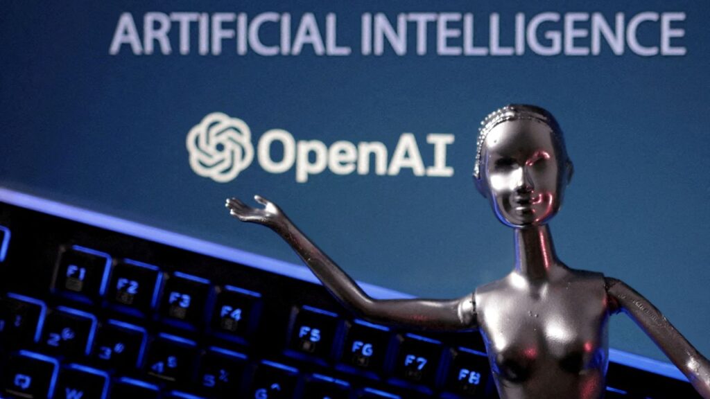 Composite image symbolizing OPEN AI and artificial intelligence contains a keyboard and a bronze of a woman. Image is done in a blue hue