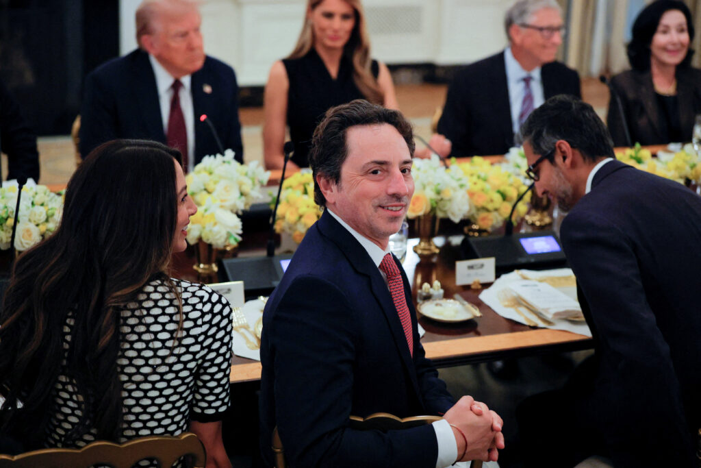 FILE PHOTO: Google cofounder Sergey Brin attends a private dinner for technology and business leaders hosted by U.S. President Donald Trump in the State Dining Room at the White House in Washington, D.C., U.S., September 4, 2025. Reuters/Brian Snyder/File Photo