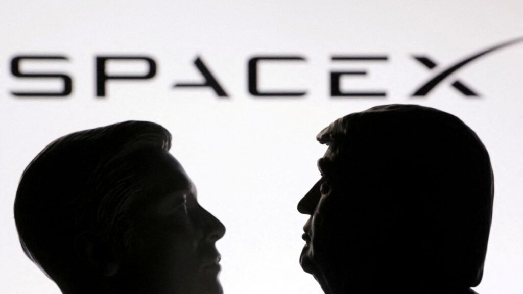 3D printed miniatures of U.S. President Donald Trump and Elon Musk, and SpaceX logo are seen in this illustration taken July 1, 2025. (Reuters File)