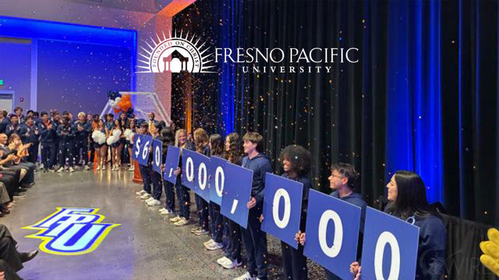 Image of Fresno Pacific students holding individual numbers representing a $60 million gift to the university