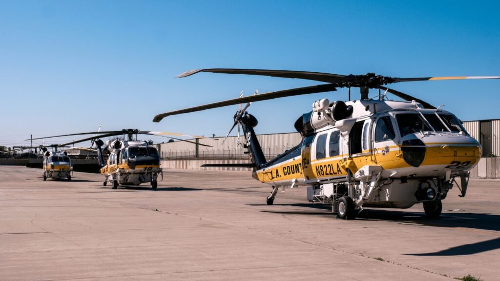 Los Angeles County helicopters in the Pacoima neighborhood on Jan. 14, 2025. According to Federal Aviation Administration data, the county has among the highest number of registered rotorcraft — a category that includes helicopters and other aircraft with rotors to generate lift — in the nation. (Mark Abramson/The New York Times)