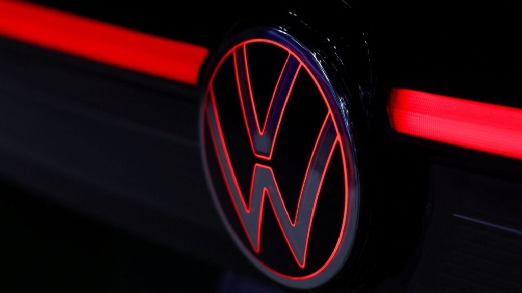 A Volkswagen automobile logo is seen during the New York International Auto Show Press Preview in New York City, U.S., April 16, 2025. REUTERS/Shannon Stapleton
