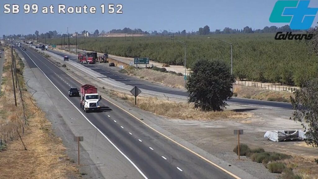 A big rig fire Thursday closed both Highway 99 connector ramps to Highway 152 in Madera County, Caltrans said. (Caltrans)