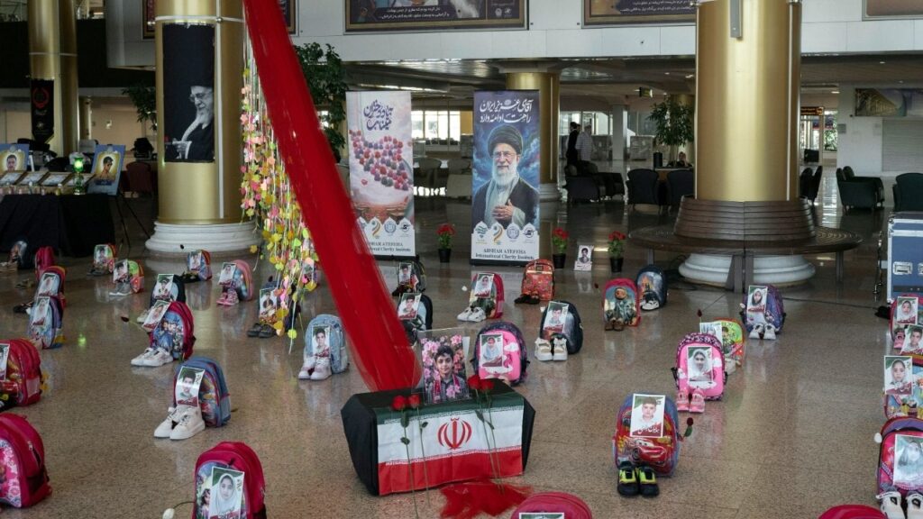 A display commemorating the deaths of children in an airstrike on an elementary school is seen on Wednesday, July 8, 2026, at the airport in Mashad, Iran. United Nations investigators said on Thursday, Sept. 17, 2026, that there were reasonable grounds to conclude that two U.S. airstrikes on Iran in February in which at least 178 civilians died had been indiscriminate and amounted to war crimes. (Emile Ducke/The New York Times)