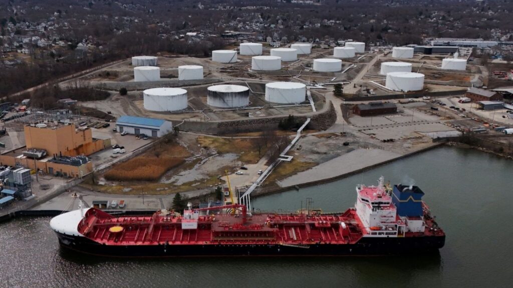 A drone view shows the Portuguese flagged oil and chemical tanker ship CB Pacific docked at the Moran Shipping Agencies’ Citgo Petroleum Quincy/Braintree Terminal, which according to the company handles home heating oil, gasoline and diesel, after the CB Pacific arrived from Quebec, Canada to Braintree, Massachusetts, U.S., March 18, 2026. (Reuters File)