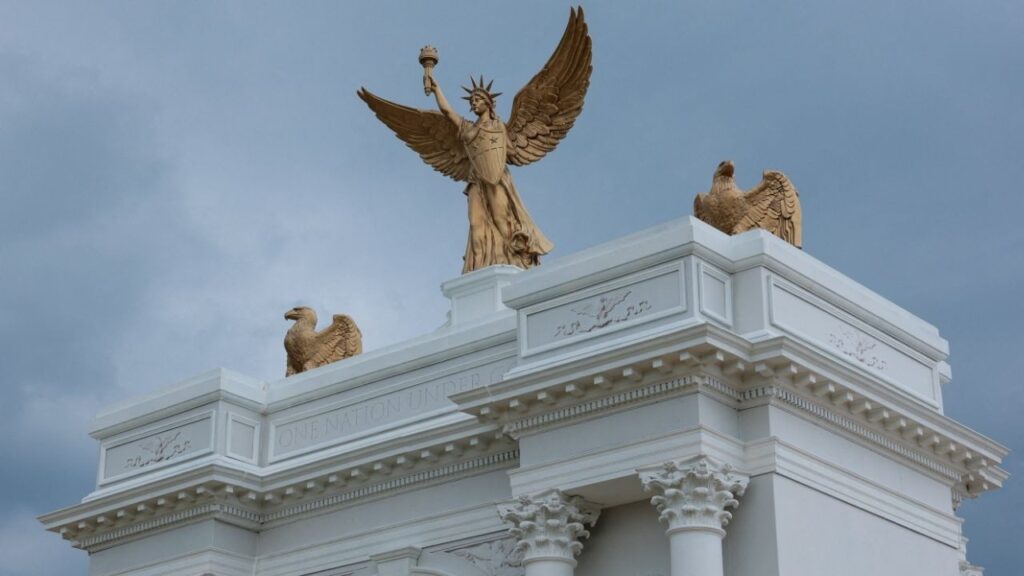 A model of U.S. President Donald Trump's proposed triumphal arch, on the final day of The Great American State Fair on the National Mall in Washington, D.C., U.S., July 10, 2026. (Reuters File)