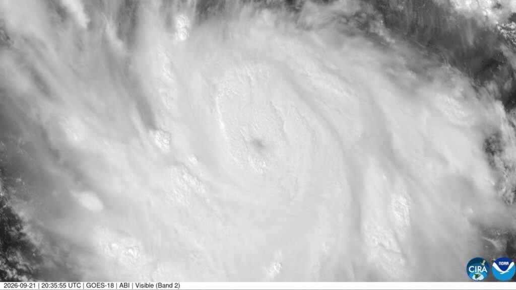 A satellite image shows Hurricane Polo intensifying near the coast of southwestern Mexico, September 21, 2026, in this still image taken from video. CSU/CIRA & NOAA/Handout via REUTERS