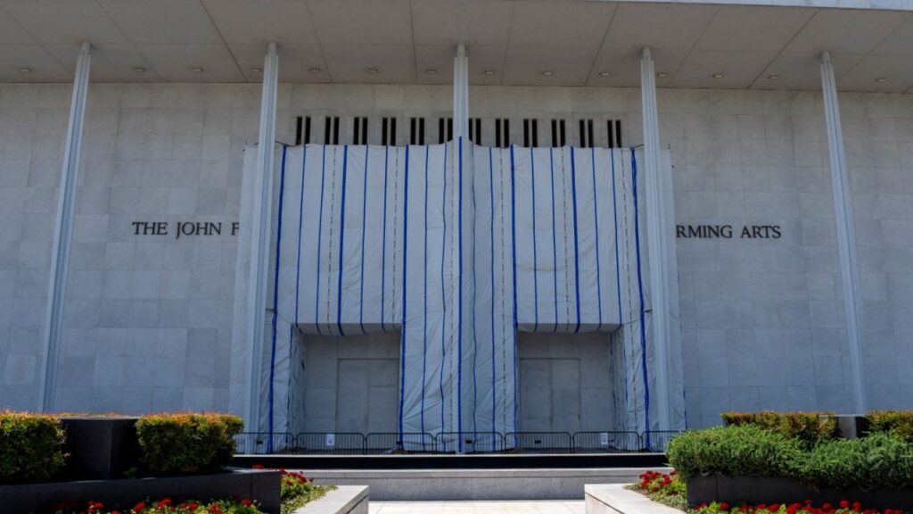 A tarp covers the name of the John F. Kennedy Centre for the Performing Arts in Washington, D.C., U.S., August 29, 2026. (Reuters File)