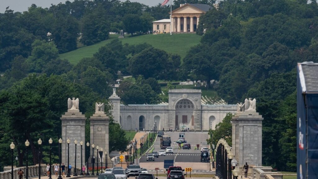 A view along Memorial Bridge toward Arlington Cemetery, which would be blocked by President Donald Trump’s planned arch, in Washington, July 10, 2026. Doug Burgum, the interior secretary, announced on Sept. 3, plans to start work on the site of the 250-foot-tall triumphal arch. Final approval of the project is still pending. (Eric Lee/The New York Times)