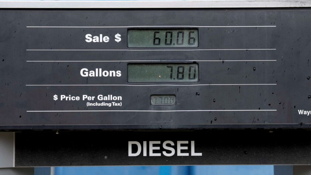 Image of a diesel pump showing a price of $7.70 a gallon