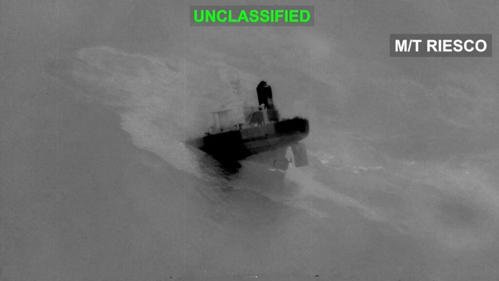An Iranian crude oil carrier identified as M/T Riesco sinks after being struck, which U.S. Central Command says it targeted after attempted Iranian missile attacks on a U.S. Navy warship over the past two days, at a location given as the Gulf of Oman, in this still image taken from video released September 8, 2026. U.S. Central Command/Handout via REUTERS