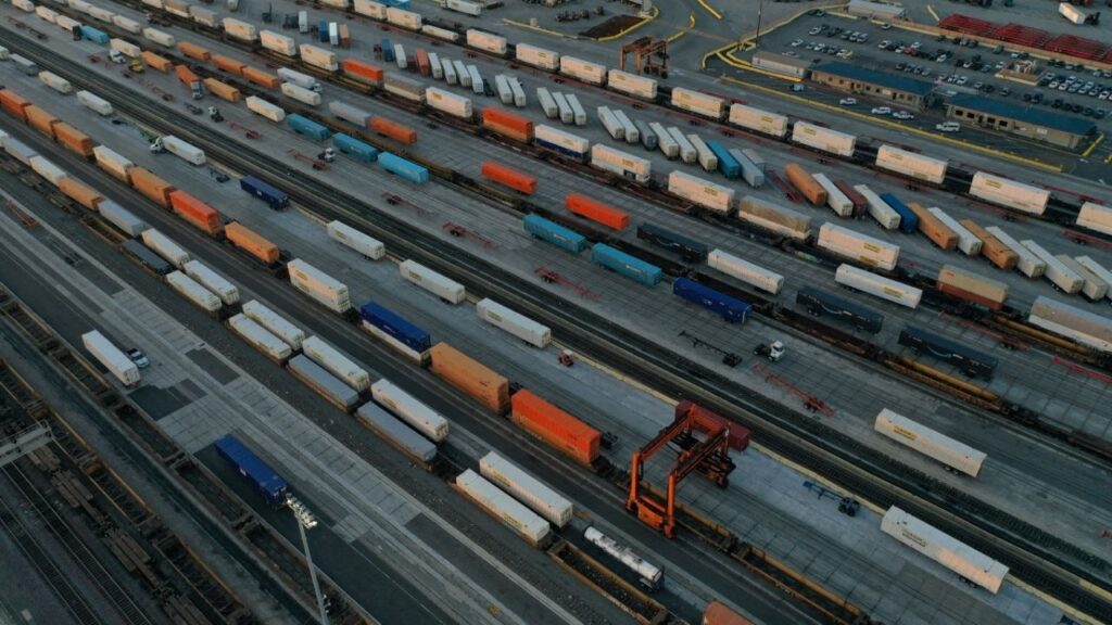 An aerial view of shipping containers and freight railway trains at the Union Pacific Los Angeles (UPLA) Intermodal Facility rail yard in Commerce, California, U.S., September 15, 2022. (Reuters File)