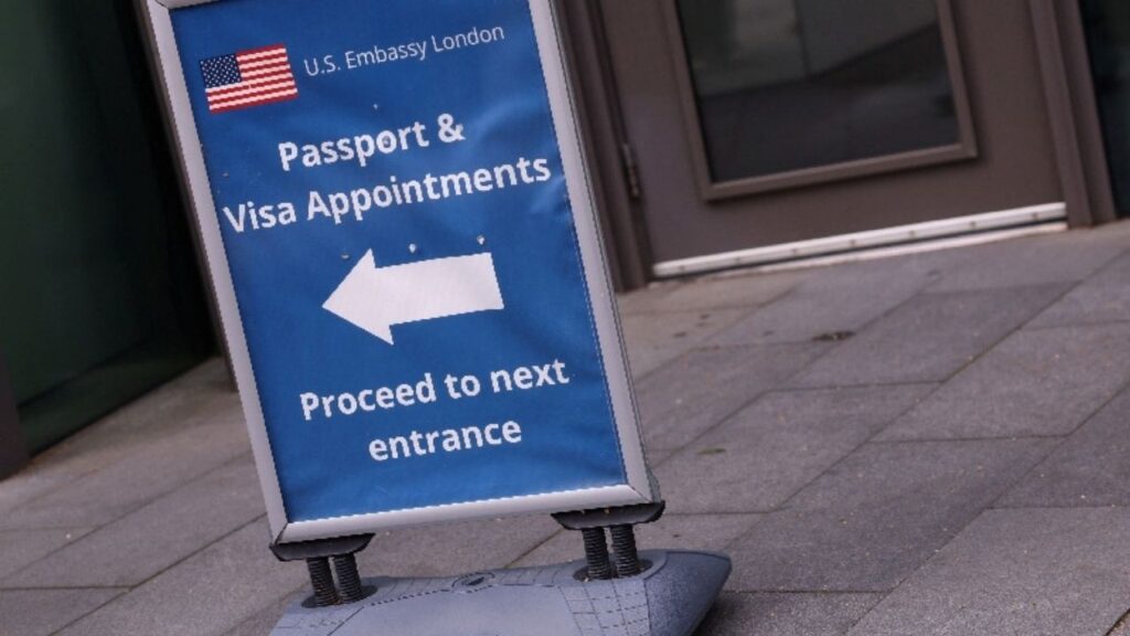 An information sign for passport and visa appointments is displayed outside the U.S. embassy in London, Britain, May 29, 2025. (Reuters File)