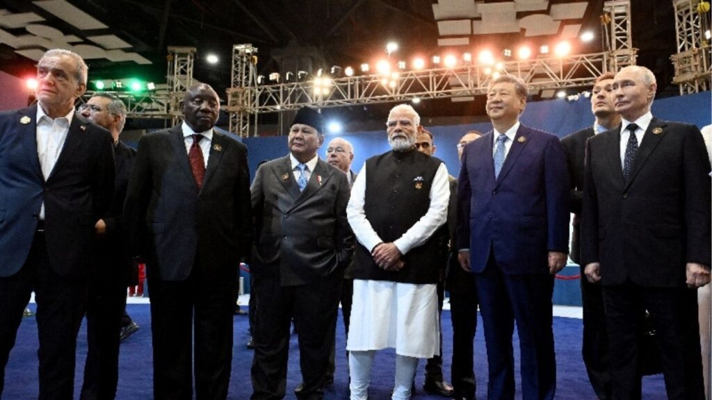 Russia's President Vladimir Putin, China's President Xi Jinping, India's Prime Minister Narendra Modi, Indonesia's President Prabowo Subianto, South Africa's President Cyril Ramaphosa and Iran's President Masoud Pezeshkian pose for a picture during the BRICS summit in New Delhi, India, September 12, 2026. Sputnik/Kristina Solovyova/Pool via Reuters