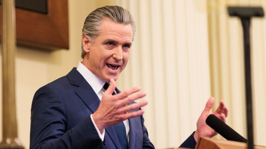 Gov. Gavin Newsom of California delivers his State of the State address at the State Capitol in Sacramento, Jan. 8, 2026. Newsom, on Friday, Sept. 18, 2026, directed the state’s government to find ways to strengthen rules for artificial intelligence, as concerns mount over the technology’s safety. (Max Whittaker/The New York Times)