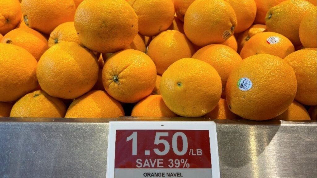 A price sign for oranges from South Africa is displayed as Canadian consumers double down on efforts to buy Canadian goods and boycott U.S. products, at a supermarket in Toronto, Ontario, Canada, September 8, 2026. Picture taken with a mobile phone. Reuters/Arlyn McAdorey