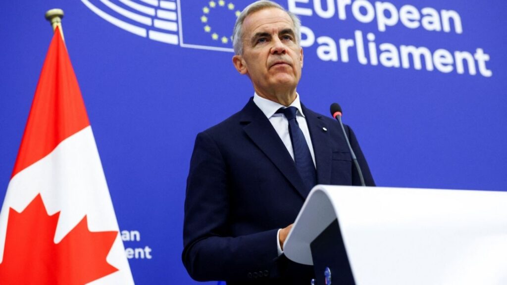Canadian Prime Minister Mark Carney holds a joint press conference with European Parliament President Roberta Metsola (not pictured) after his address at the European Parliament in Strasbourg, France, September 17, 2026. REUTERS/Yves Herman