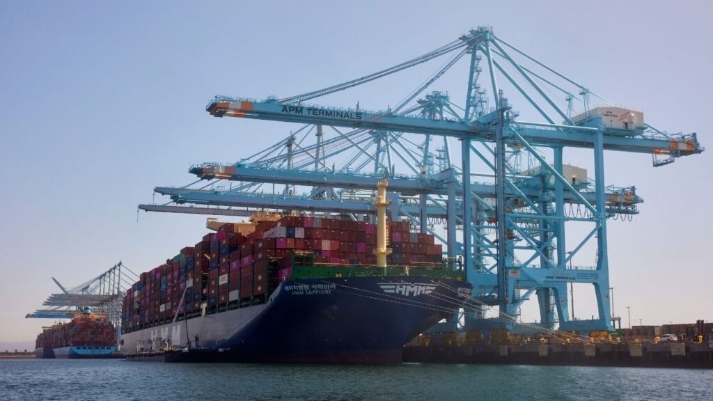 Container ships at the Port of Los Angeles in the San Pedro neighborhood of Los Angeles, April 7, 2025. The House voted late Tuesday, Sept. 15, 2026, to block California from setting strict limits on harmful air pollution from ships docked at state ports. (Maggie Shannon/The New York Times)