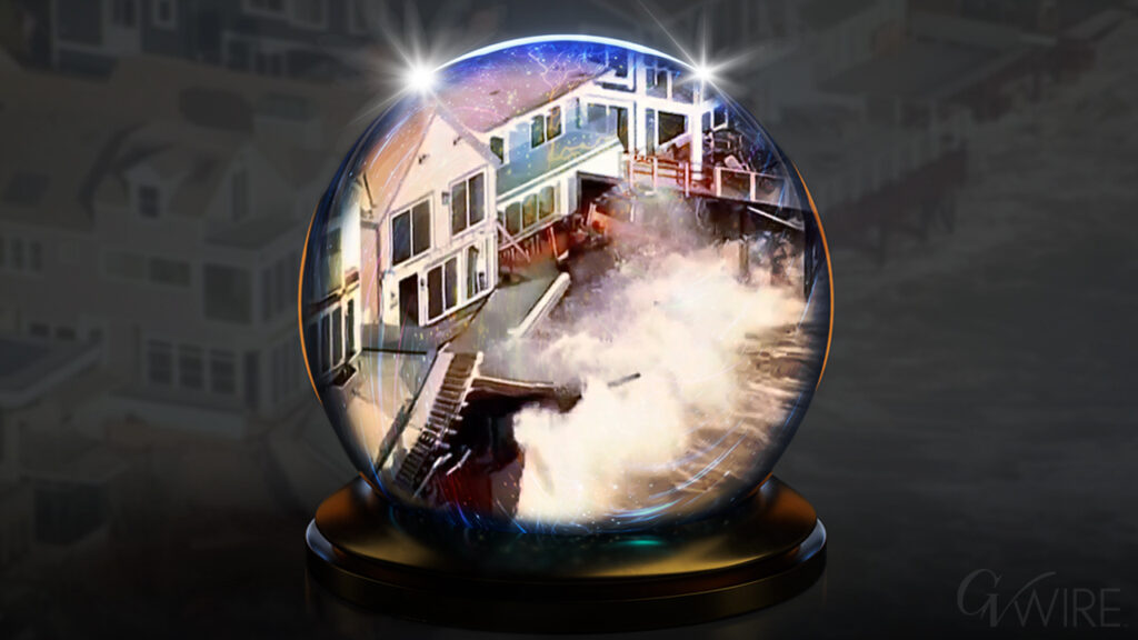 Scene of destruction created by high surf as seen through a crystal ball, symbolizing the chaos that 2026's Super El Nino could deliver to California's coastline