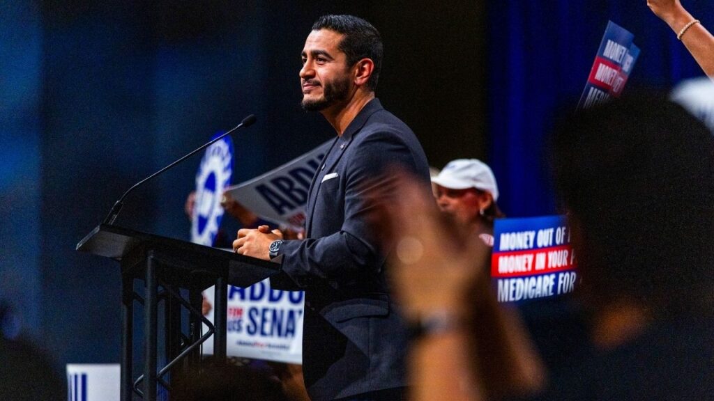 Dr. Abdul El-Sayed, the Democratic nominee for U.S. Senate in Michigan, addresses the Michigan Democratic Party Nominating Convention in Lansing, Aug. 29, 2026. El-Sayed recently spent two days trying to mend fences with Jewish Democrats after an acrimonious primary against a pro-Israel opponent; for some of them, it wasn’t enough. (Emily Elconin/The New York Times)