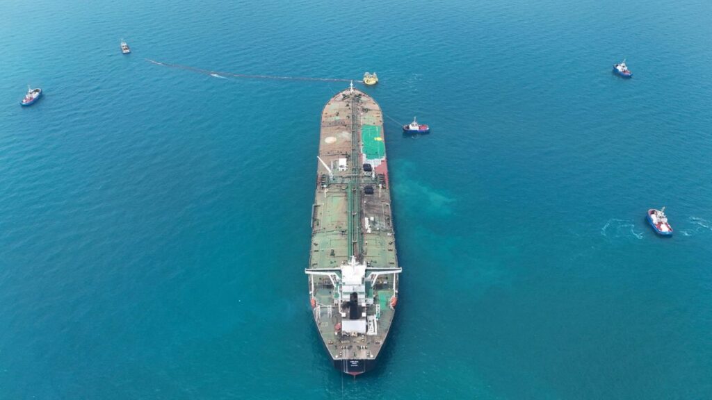 Drone view of oil tanker HELGA berthed at one of Iraq's southern offshore oil terminals near Basra, as it prepares to load crude oil, April 24, 2026. REUTERS/Mohammed Aty