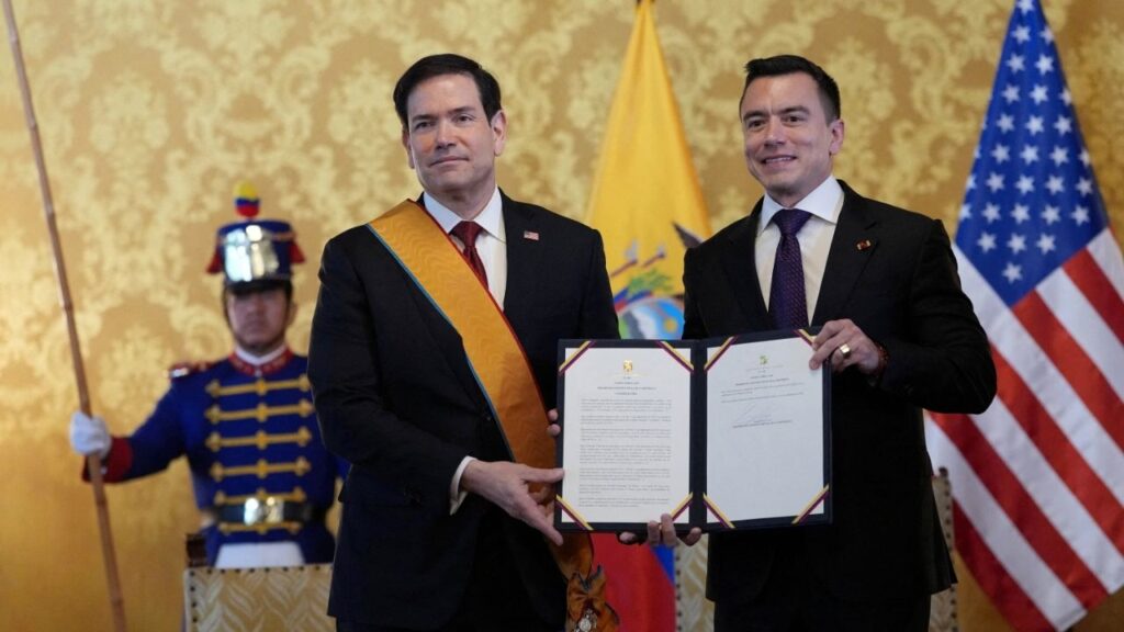Ecuador’s President Daniel Noboa and U.S. Secretary of State Marco Rubio hold a document related to Ecuador’s highest-ranking National Order of Merit, the Grand Cross, presented to Rubio, which he is wearing, at the Carondelet Palace in Quito, Ecuador, September 9, 2026. Dolores Ochoa/Pool via REUTERS