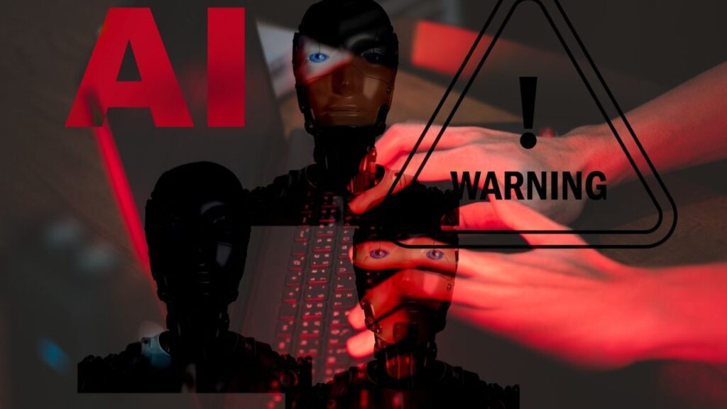 Composite image in a red hue symbolizing the dangers posed by advanced AI