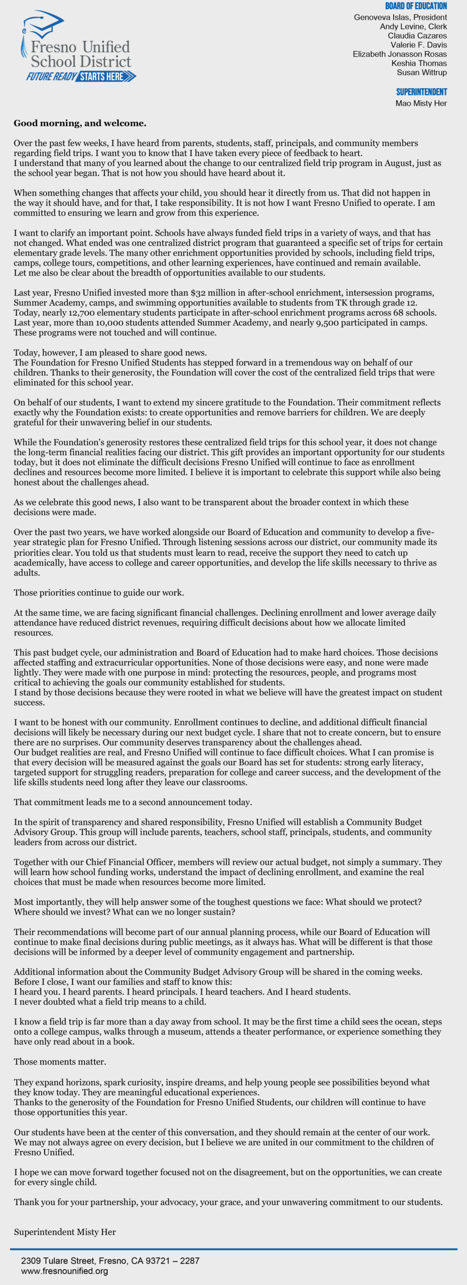 statement from FUSD Superintendent Misty Her