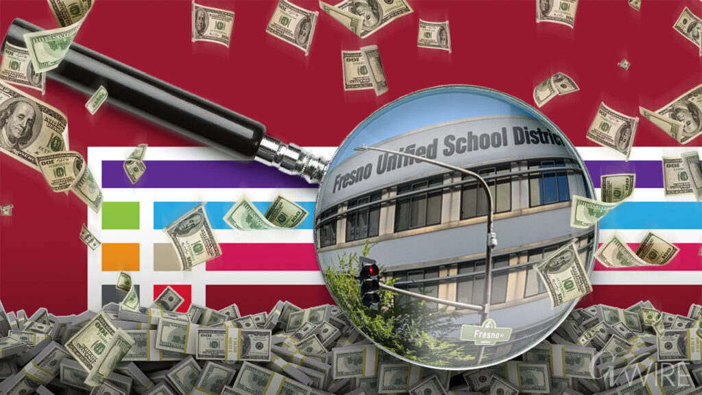 Composite image of money, Fresno Unified headquarters and a magnifying glass symbolizing the need to overhaul the Foundation for Fresno Unified Students