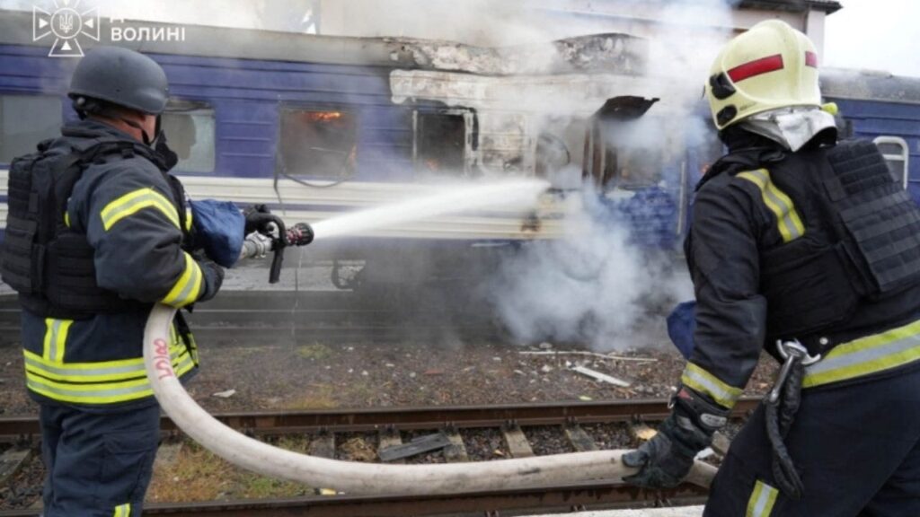 Firefighters extinguish a car of a passenger train hit by a Russian drone strike at a railway station, amid Russia's attack on Ukraine, in Lutsk, Ukraine September 12, 2026. Press service of the State Emergency Service of Ukraine in Volyn region/Handout via REUTERS