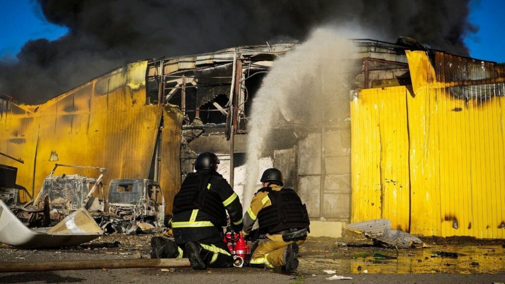 Firefighters work at the site of a warehouse hit during Russian drone and air strikes, amid Russia's attack on Ukraine, in Mykolaiv, Ukraine, September 9, 2026. Press service of the State Emergency Service of Ukraine in Mykolaiv region/Handout via REUTERS