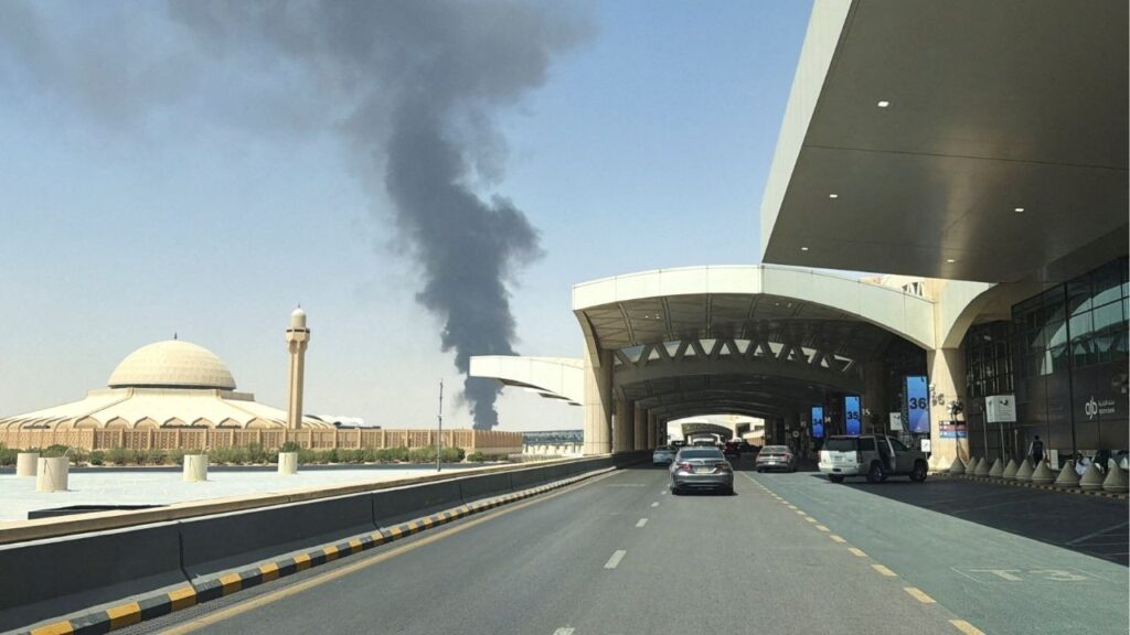 Large plume of black smoke rises from the fuel storage depot at King Khalid International Airport, in Riyadh, Saudi Arabia, September 19, 2026. Picture taken with a mobile phone. Reuters/Stringer