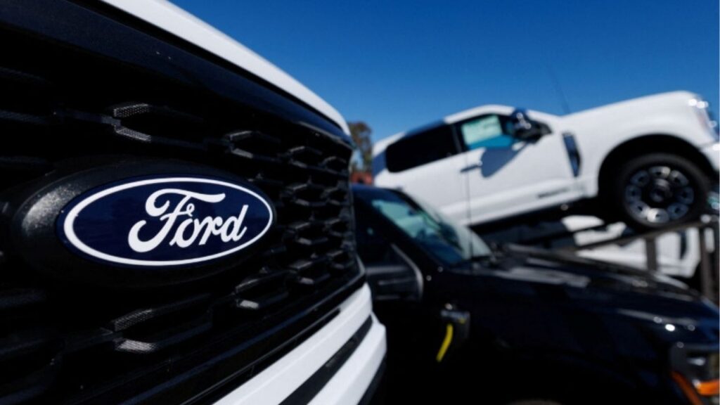 A Ford logo on a Ford F-150 pickup truck for sale in Encinitas, California, U.S. October 20, 2025. Reuters/Mike Blake
