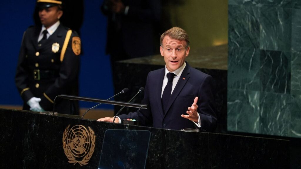 France's President Emmanuel Macron addresses the 81st United Nations General Assembly at UN headquarters in New York City, US, September 22, 2026. REUTERS/Brendan McDermid