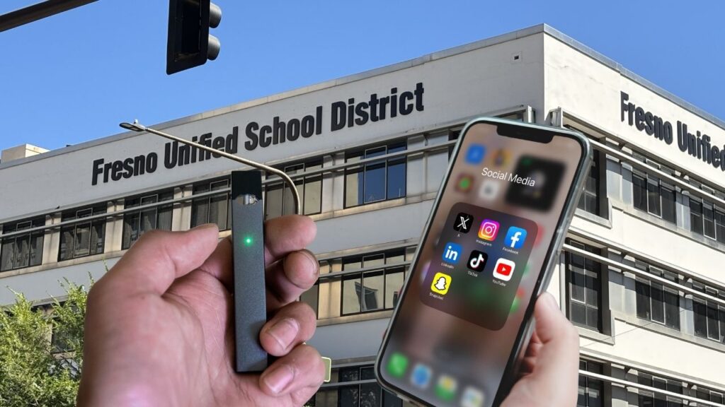 Composite image of a vape stick, a cell phone and a Fresno Unified building, symbolizing youth addiction and the potential for the district to sue companies that inflict harm on students