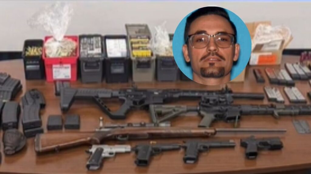 Fresno police arrested Tony Casarez after officers said he pointed a gun at another driver following a sideswipe crash and later recovered eight firearms. (Fresno PD)