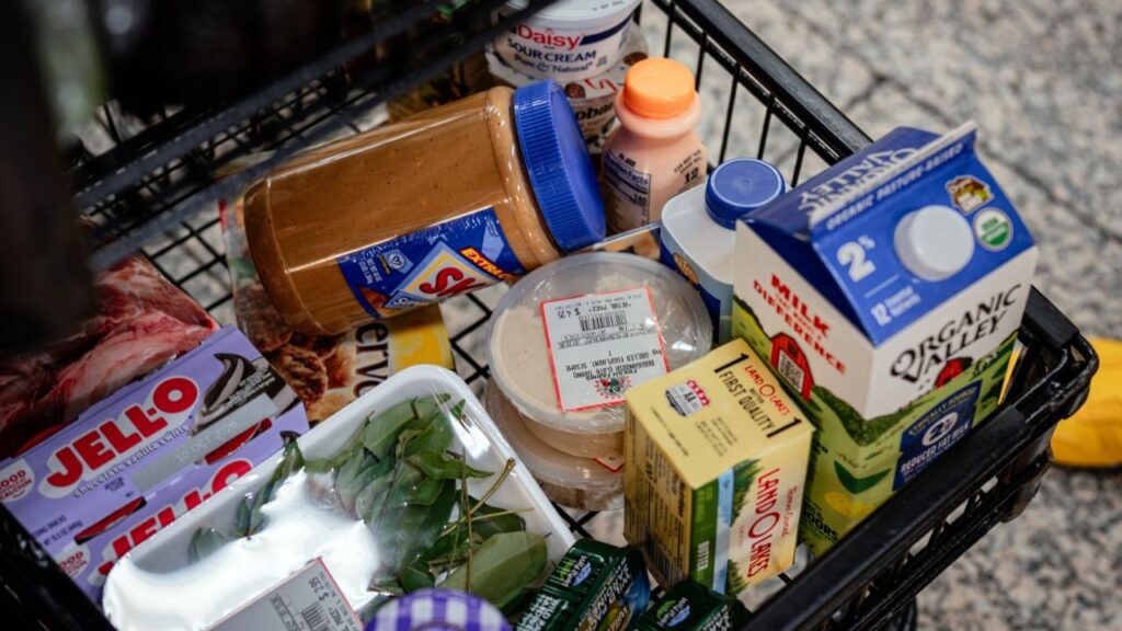 Groceries in a shopping cart at a supermarket in Niles, Ill., on July 13, 2026. A coalition of states and local governments sued the Trump administration on Monday, Sept. 14, 2026, over what they called a “catastrophic” new policy that would make it harder for immigrants to obtain green cards if they rely on public benefits. (Jamie Kelter Davis/The New York Times)