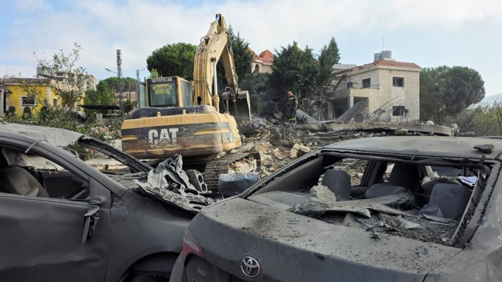 Heavy machinery operates at the site of an Israeli strike, in Kfar Rumman, Lebanon, September 7, 2026. Picture taken with a mobile phone. REUTERS/Stringer