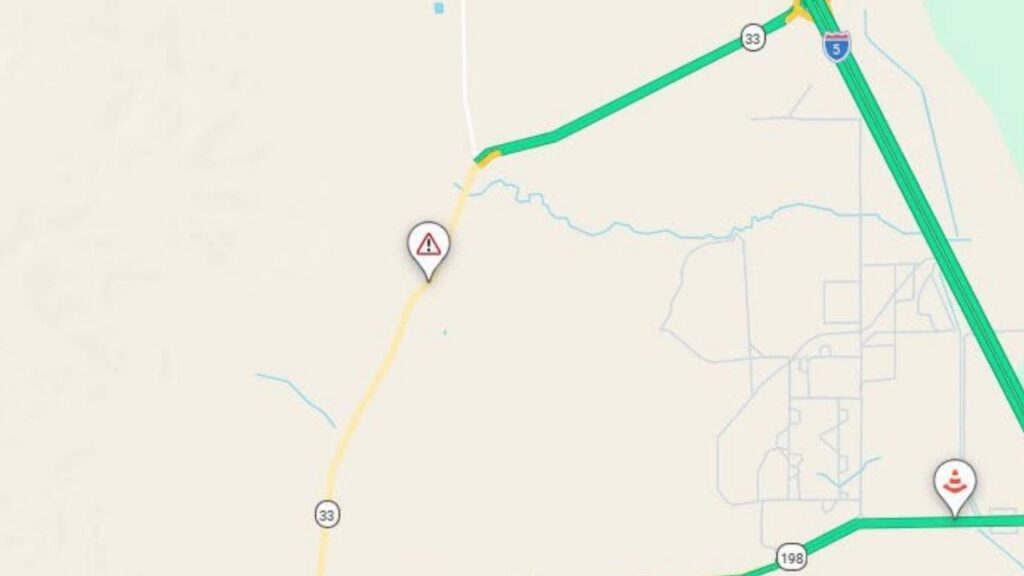 Highway 33 is closed in Fresno County between Highway 198 and Coalinga-Mendota Road after a gravel truck overturned. (Caltrans)