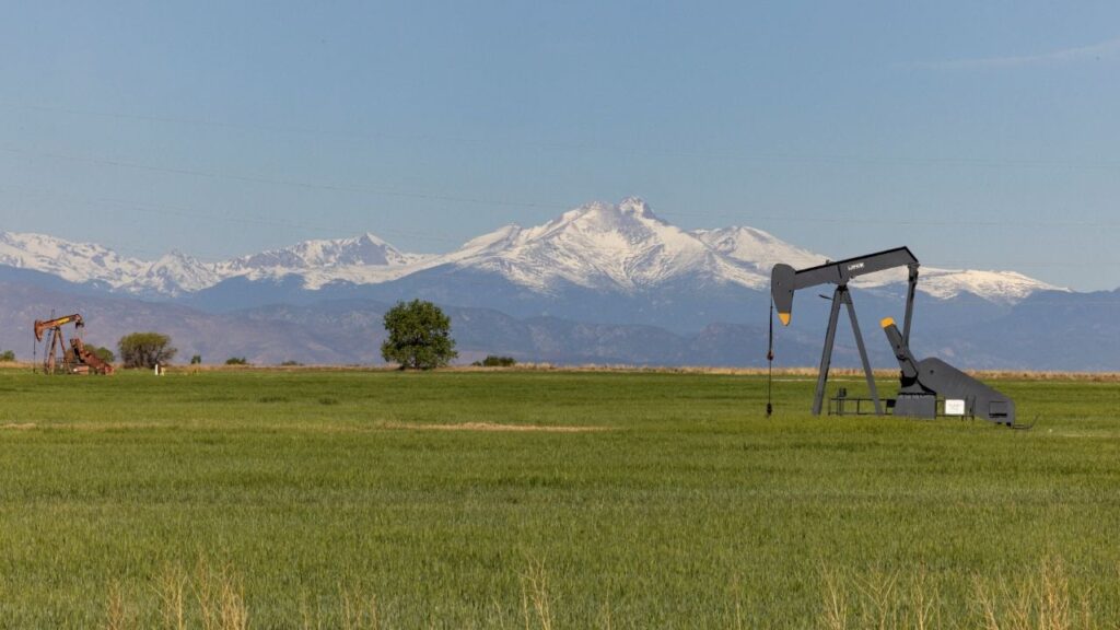 Inactive oil pump jacks at an agricultural fields in Dacano, Colorado, U.S., May 11, 2026. REUTERS/Kevin Mohatt
