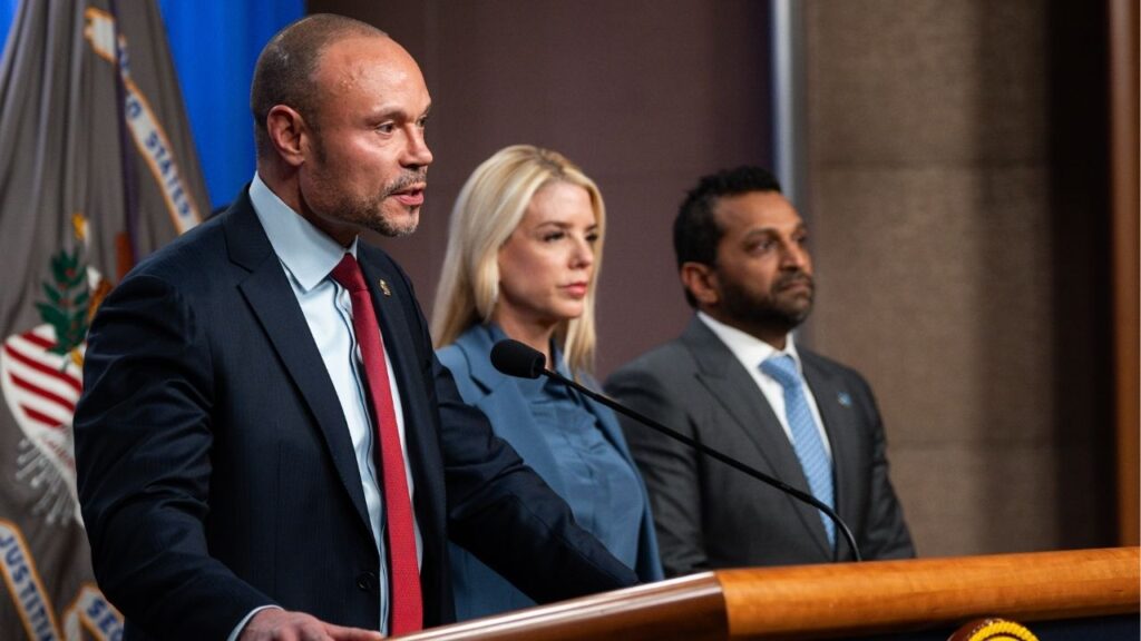 Dan Bongino, left, the deputy director of the FBI, with Attorney General Pam Bondi and Kash Patel, the FBI director, in Washington on Dec. 4, 2025. As Anthony Fauci has faced public scrutiny from congressional Republicans, the Dept. of Justice has pursued a quieter and more expansive effort against a wider circle of researchers.(Tierney L. Cross/The New York Times)
