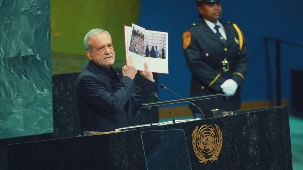 Iran's President Masoud Pezeshkian addresses the 81st United Nations General Assembly (UNGA) at UN headquarters in New York City, US, September 23, 2026. REUTERS/MIKE SEGAR