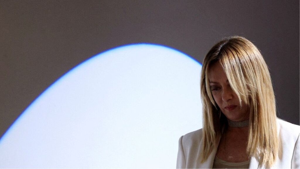 FILE PHOTO: Italian Prime Minister Giorgia Meloni leaves after a visit with French President Emmanuel Macron (not seen) at the Picasso Museum as part of a Franco-Italian summit in Antibes, south of France, June 25, 2026. Reuters/Manon Cruz/Pool /File Photo