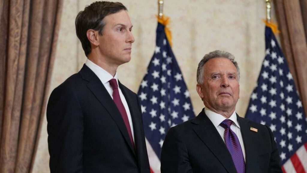 Jared Kushner and Steve Witkoff, Special Envoy for Peace Missions listen as Vice President JD Vance speaks during a news conference after meeting with representatives from Pakistan and Iran, Sunday, April 12, 2026, in Islamabad, Pakistan. (Reuters File)